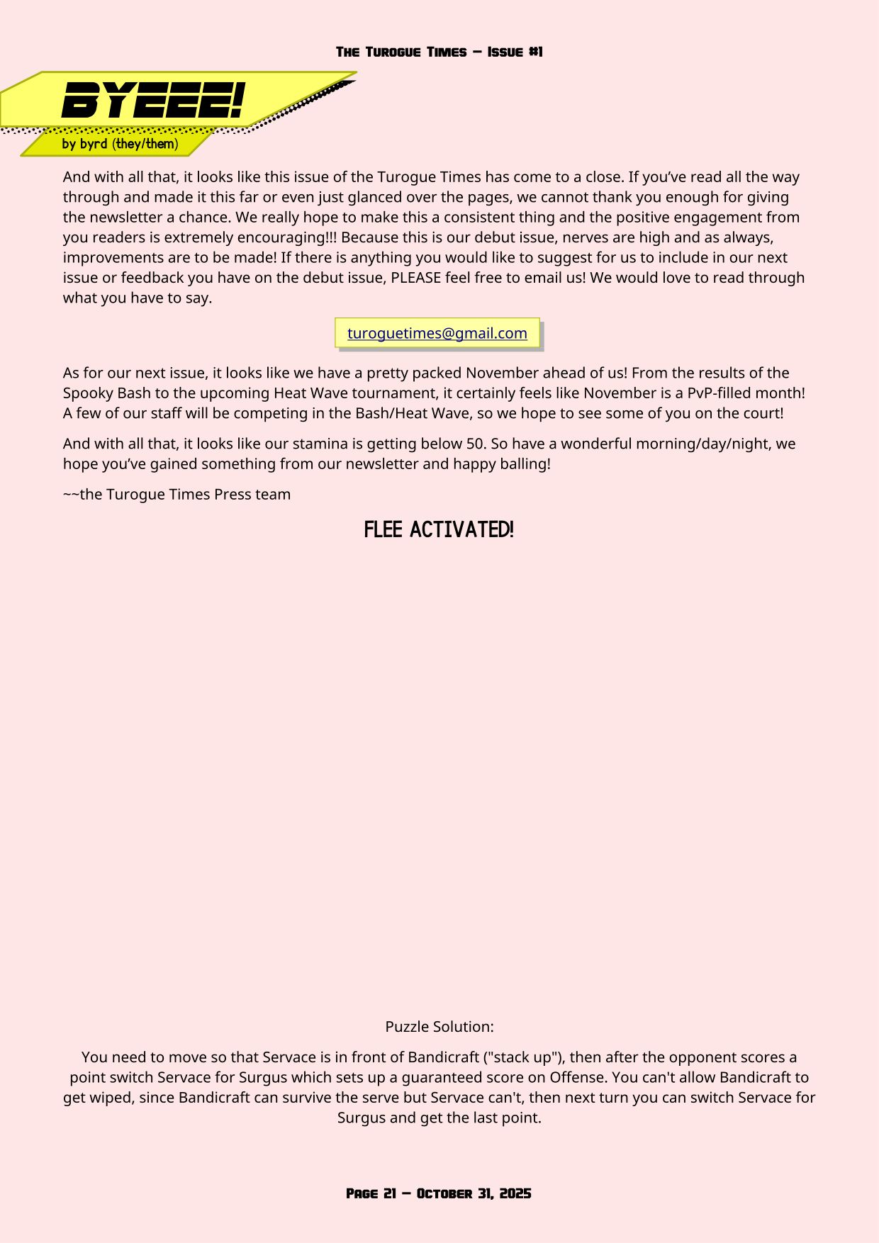 Page 21 of the Turogue Times, a Beastieball newsletter. This page is the Outro, by byrd. For a more screen reader friendly format, please see the PDF download above.